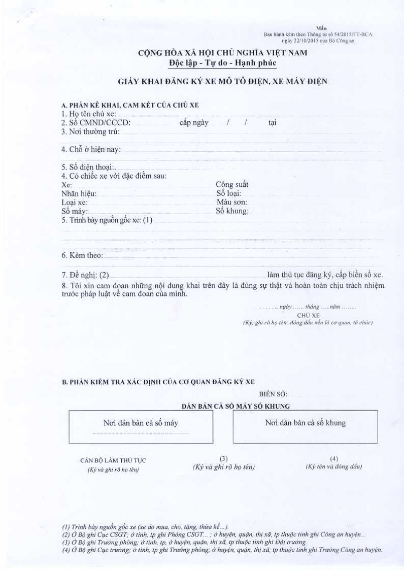 tờ khai đăng ký xe máy điện tờ khai đăng ký xe máy điện