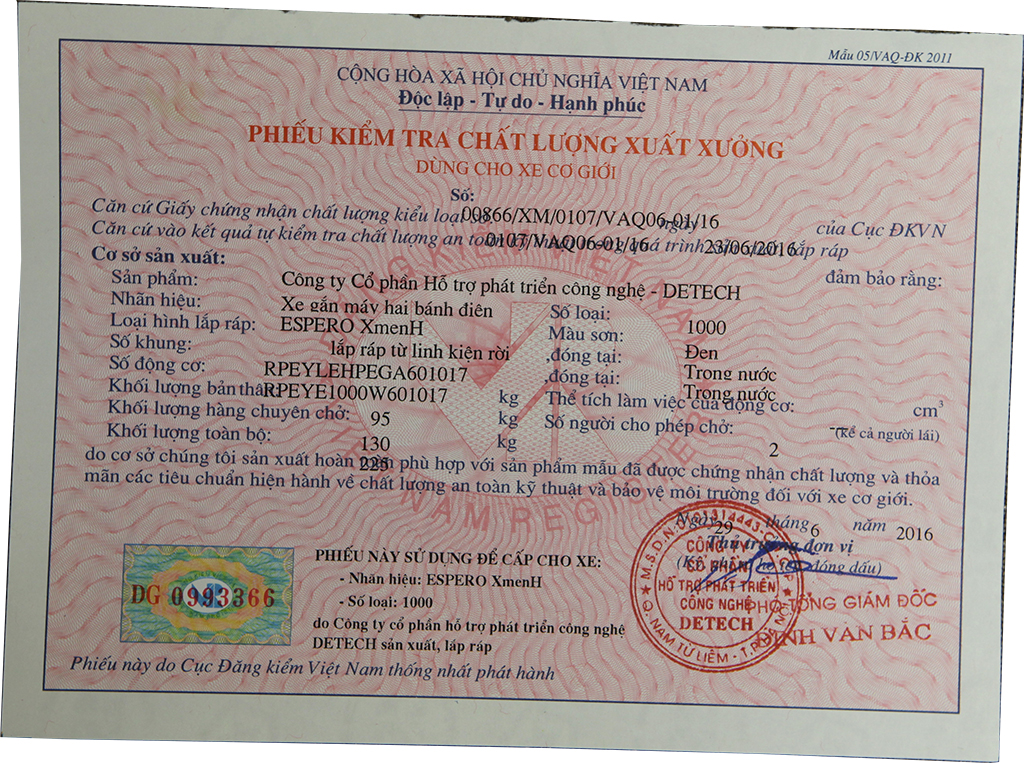 Giấy đăng kiểm xe máy điện Giấy đăng kiểm xe máy điện