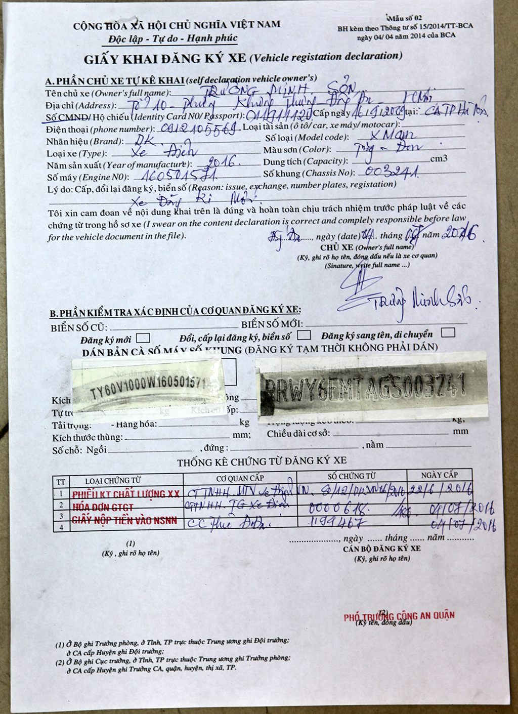 Giấy khai đăng kí biển số xe điện Giấy khai đăng kí biển số xe điện