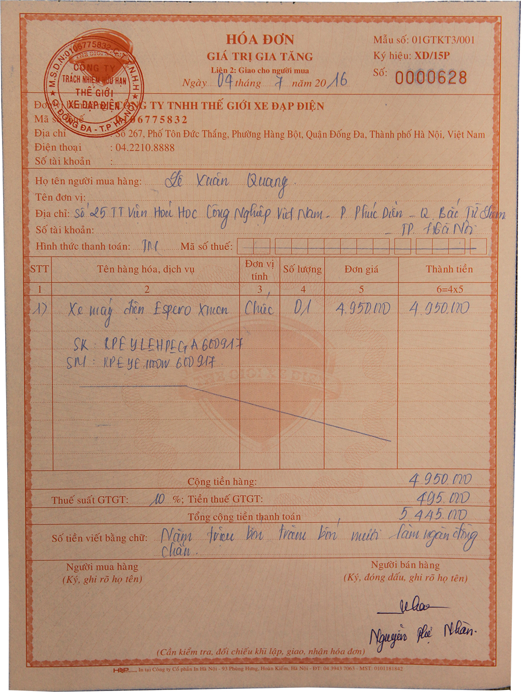 Hóa đơn VAT đăng kí biển xe điện Hóa đơn VAT đăng kí biển xe điện